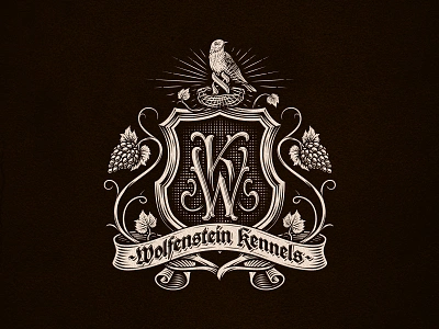 Wolfenstein Kennels - monogram banner bird branding coat of arms custom dalibass dog engraving etching grapes graphic design hand drawn illustration leaves logo monogram nest shield wine