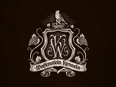 Wolfenstein Kennels - monogram banner bird branding coat of arms custom dalibass dog engraving etching grapes graphic design hand drawn illustration leaves logo monogram nest shield wine