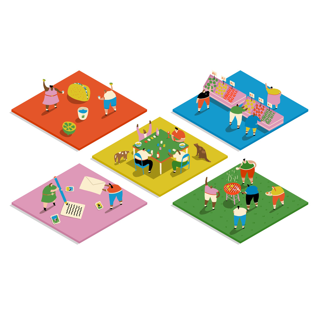 Friends in Need barbecue bbq board games colour friends friends in need groceries illustration isometric la times letters los angeles mail pandemic penpals people shopping tacos