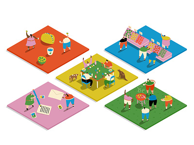 Friends in Need barbecue bbq board games colour friends friends in need groceries illustration isometric la times letters los angeles mail pandemic penpals people shopping tacos