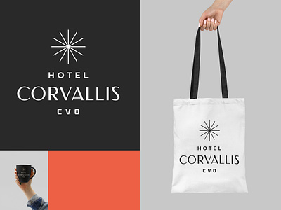 Hotel Corvallis Oregon accomodation agency bag booking coffee cup hipster hotel logo modern oregon ray retro star sun sunray symbol tote bag travel