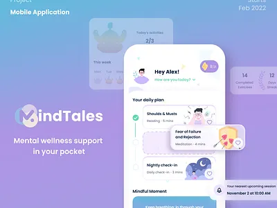 MindTales – Mental Health Mobile App app design agency figma health healthcare meditation meditation app mental mental health mindfulness psychology ui ux ux design uxui visual design well being wellbeing wellness