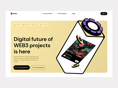 Molex ː landing page, web3 blockchain crypto crypto solution cryptocurrency defi digital product financing financing platform hero section illustration investment isometric landing page nft not marketplace ui ux visual identity web3 website