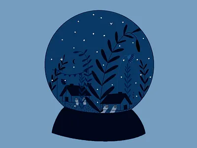 Illustration: Tiny Town in a Globe art artistic concept artistic expression artistic representation artwork black blue palette calm design creative design dark blue digital artwork illustration miniature village night time sky with stars snow globe starry night stars vilage illustration village under the stars