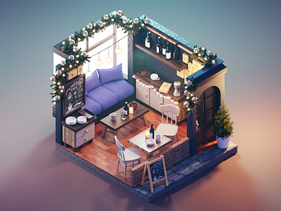 Winter Café 3d blender diorama festive illustration isometric lowpoly render room winter xmas