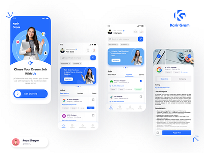 Karir Gram - Job Finder App blue career design challenge eluxdesignchallenge01 inspiration ui job job app job finder jobs kerja logo mobile app ui uidesign uiux design