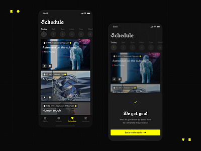 🟡 ROVR — Schedule app application bold bold design bold ui branding calendar clean dark dark mode design grid ios mobile mood music app schedule typography ui ux