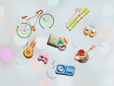 Inflated Hobbies🚴🎮⛷️🎸 2d 3d app balloon bubble design emoji food hobby icon iconography illustration inflate music plastic pool set simple ui vector