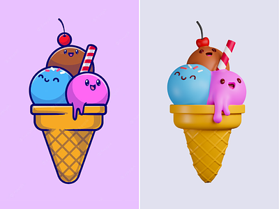 Cute Ice Cream 2D or 3D🍦🥺 3d design animation blender cartoon cone cute dessert drink face food ice ice cream icon illustration logo scoop sprinkles topping