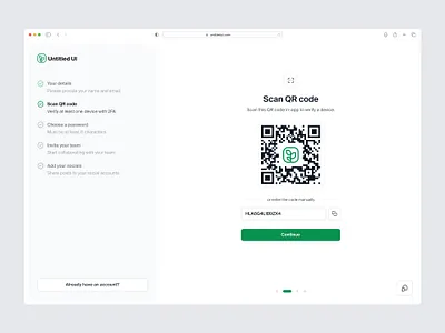 QR code 2FA multi-step onboarding — Untitled UI 2fa create account log in login multi step multistep onboarding product design qr qr code sign up signup split screen steps ui design user interface ux design