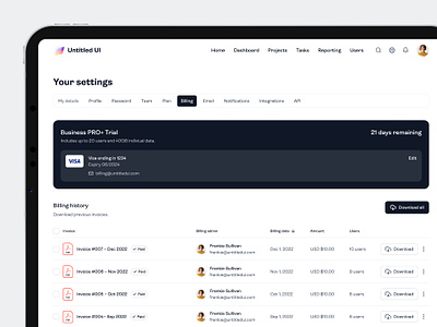 Billing settings page — Untitled UI billing dashboard nav navigation payment card payments plans preferences product design settings table tabs ui design user interface ux design