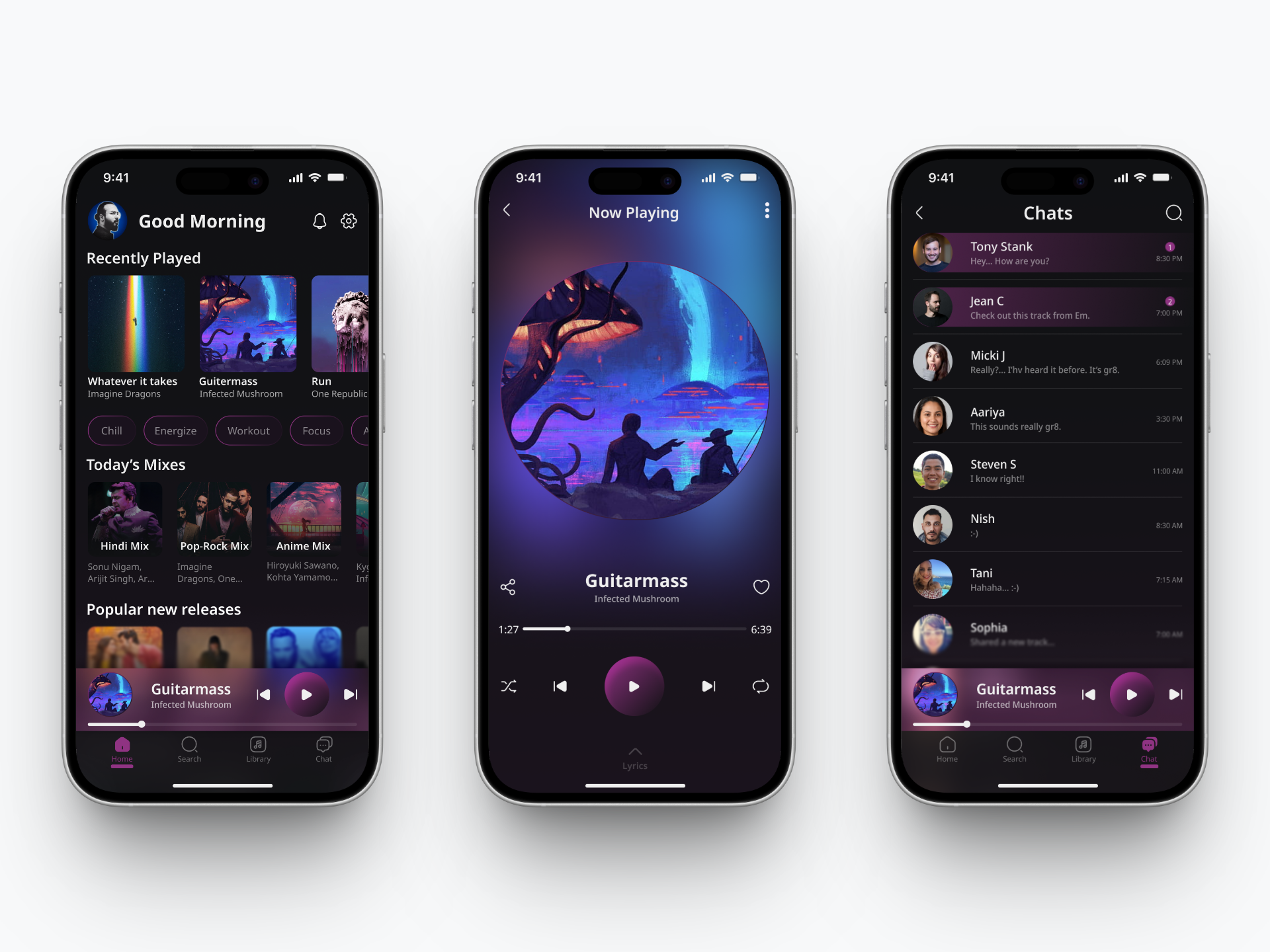 MusicVerse - A Music Streaming App with Chat Feature app concept dark mode design feature figma messaging music streaming ui design ux