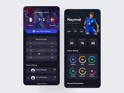 Football - Live Score App app app design dark design filllo football football score live score app match stats mobile mobile app mobile application sports sportswear ui ux design world cup