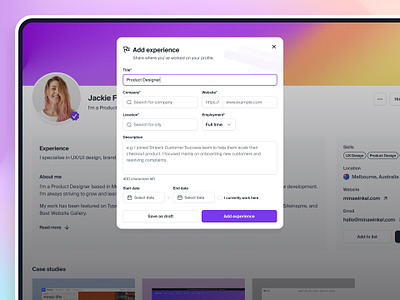 Add experience modal — Untitled UI experience form linkedin modal modals pop over pop up popover popup portfolio product design simple ui design user interface ux design