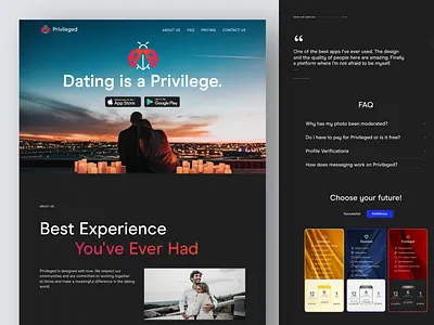 Landing Page Concept | Dating App | Homepage app concept dailyui dark theme dating dating app design faq homepage illustration inspiration landing love app matching mobile swiping ui web web design website