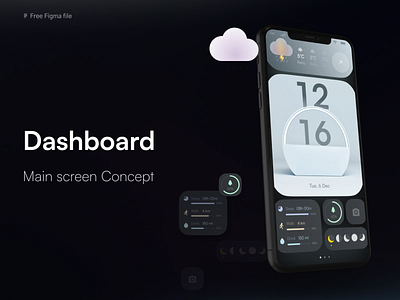 Dashboard widgets concept + freebie animation concept dark theme idea main screen modern motion player simple time tracker ui weather widgets
