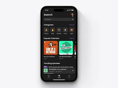 Podcast App - Dark Mode application dark dark mode interface ios list podcast podcast app search ui