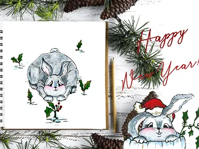Christmas bunny christmas christmas bunny cute animals fine art gouache illustration new year winter illustration