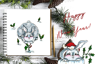 Christmas bunny christmas christmas bunny cute animals fine art gouache illustration new year winter illustration
