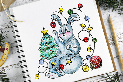 Christmas bunny christmas christmas bunny cute animals fine art gouache illustration new year winter illustration