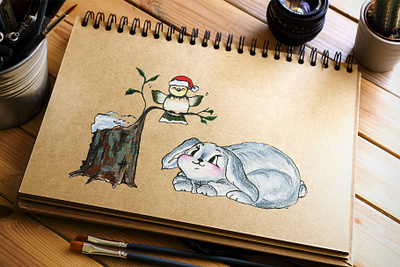 Christmas bunny christmas christmas bunny cute animals fine art gouache illustration new year winter illustration