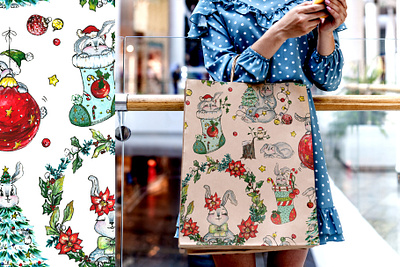 Christmas bunnies as a pattern christmas christmas bunny christmas design cute animals fine art gouache illustration pattern