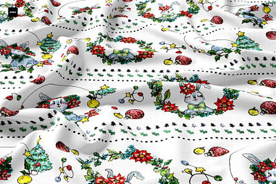 Christmas bunnies as a pattern on fabric christmas christmas bunny cute animals design fabric pattern design fine art gouache illustration