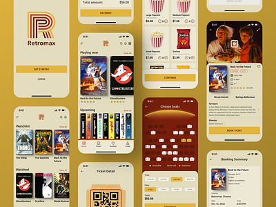 Retromax - Movie Ticket Booking App 70s 80s app app design booking booking ticket branding case study cinema design logo mobile mobile design movie ticket movie ticket booking movies ui ui design ux ux design