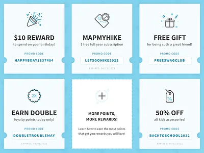 Reward Cards for Online Loyalty Program coupons design discount code retail rewardpoints rewards ticket ui web
