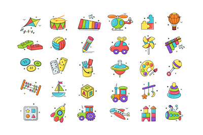 Kids Toys Icons app cartoon children chilhood collection design flat graphic icon icons illustration kid kids mobile play set toys vector web website