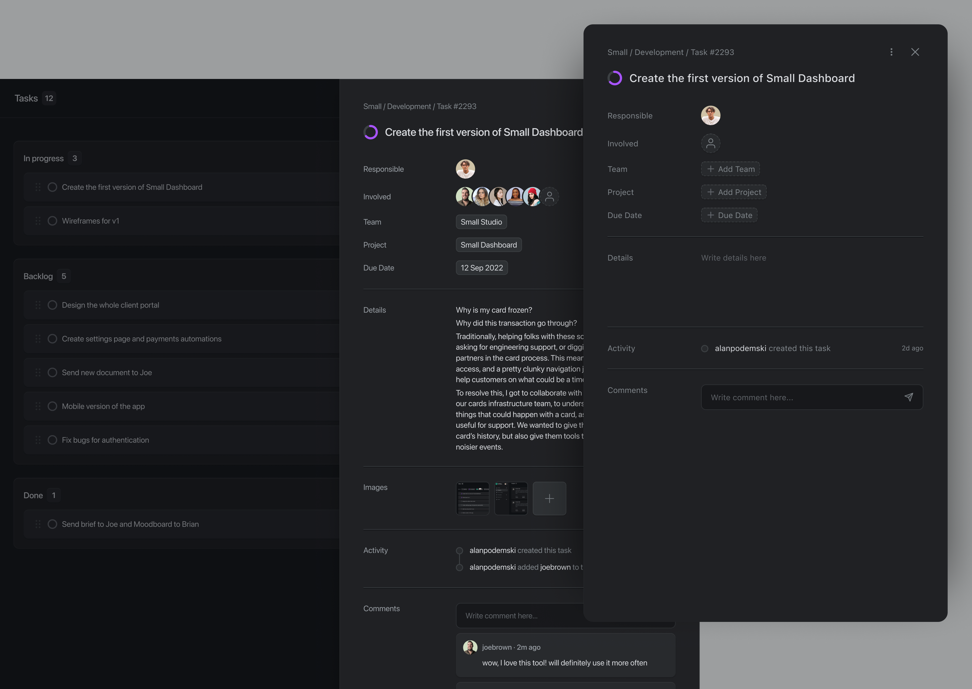 Small Dashboard - Creating task creator dark dark mode dark theme dashboard linear list minimal project management saas sidebar tasks to do