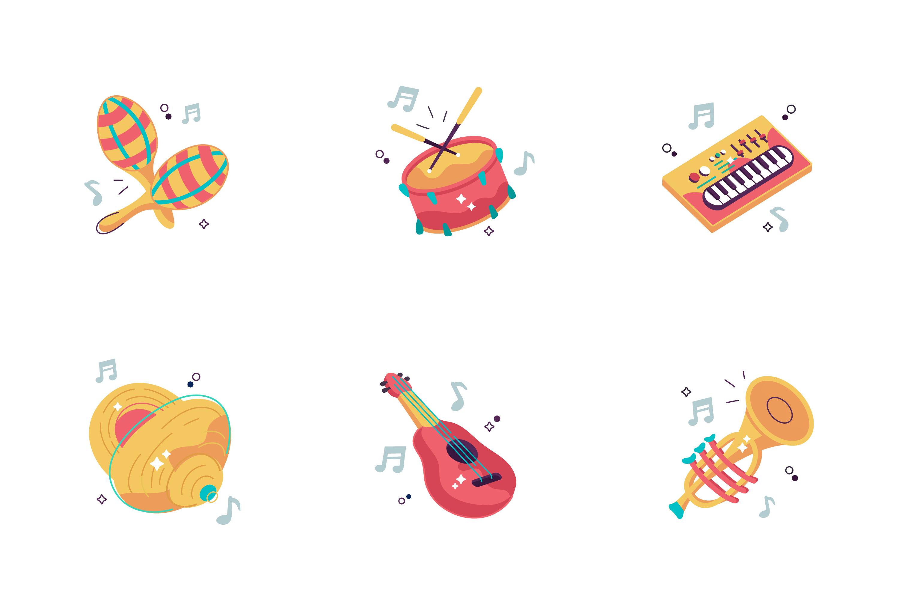 musical instruments icons acoustics cymbals design drums flat guitar icon illustration maracas music musical instruments pop rock saxaphone sound ukulele vector