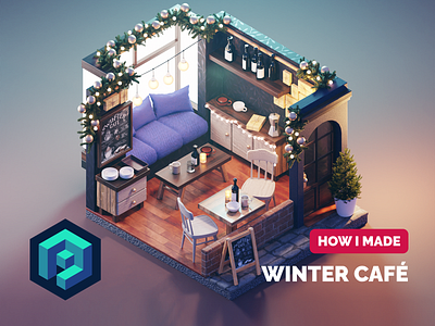 Winter Café Tutorial 3d blender cafe diorama illustration isometric process render room substance tutorial winter xmas