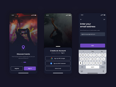 Register/Login Screen for Mobile darkmode event app login screen mobile app party app register screen sign in signup social app ui
