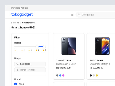 Tokogadget - Products catalog checkbox design dropdown e commerce ecommerce filter gadget online shop online store p2p product card rating filter shop store ui ux