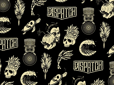 Dispatch Tiki Pattern coconut cycling devil demon dispatch growcase hawaii illustration logo logo design palm trees palms skull pineapple tiki tiki bar tiki torch turtle wave