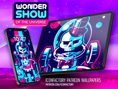 Wonder Show of the Universe Wallpaper brian brasher etherbrian iconfactory illustration ios ipad iphone lock screen macos neon patreon retro scifi space vector wallpaper