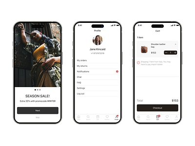 Clothes App app bags branding cart clothes commerce design ios iphone minimalism mobile onboarding profile splash style trend ui ux