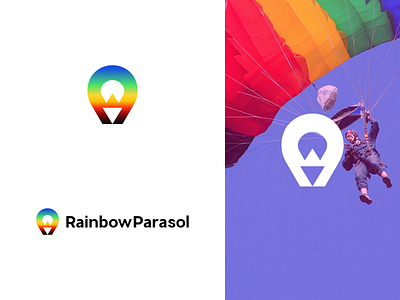 RainbowParasol logo, parachute, blue, sky, clouds, people blue brand brand identity branding clouds design graphic design illustration logo logo design man minimal modern parachute people rainbow rainbowparasol sky ui woman