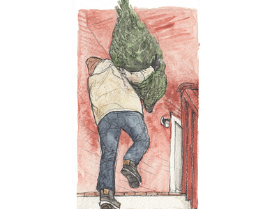 Todd Carries the Tree boston life christmas decorations christmas painting christmas tree december december watercolor from life illustration left handed artist o christmas tree painting from life stairs traditional illustration watercolor winter illustration