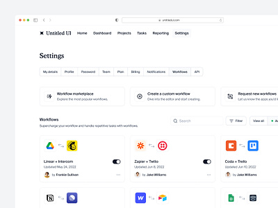 Workflows and integrations — Untitled UI integrations settings nav preferences product design saas settings tabs toggle ui design user interface user interface design ux design