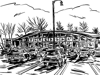 Abandoned City black and white digital ink old cars shopping center sketch supermarket winter