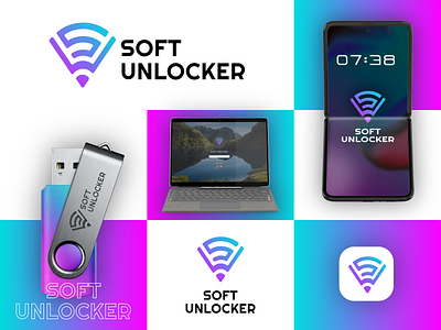 Soft Unlocker - Logo | Brand Identity abstract logo blue cellphone logo creative creative logos lock logo logo logo mark logofolio minimal mobile logo pictorial logo pink soft logo tech tech logo unlock logo wifi wifi logo