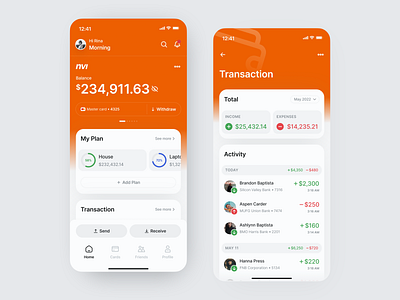 NVI - Banking App app application balance bank banking cashflow clean design finance income mobile money online banking orange send spending transaction ui ux wallet