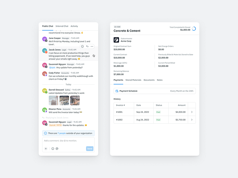 Chat & Contract Trays app chat clean contractor contruction dashboard details general contractors management overlay subcontractors table ui ux