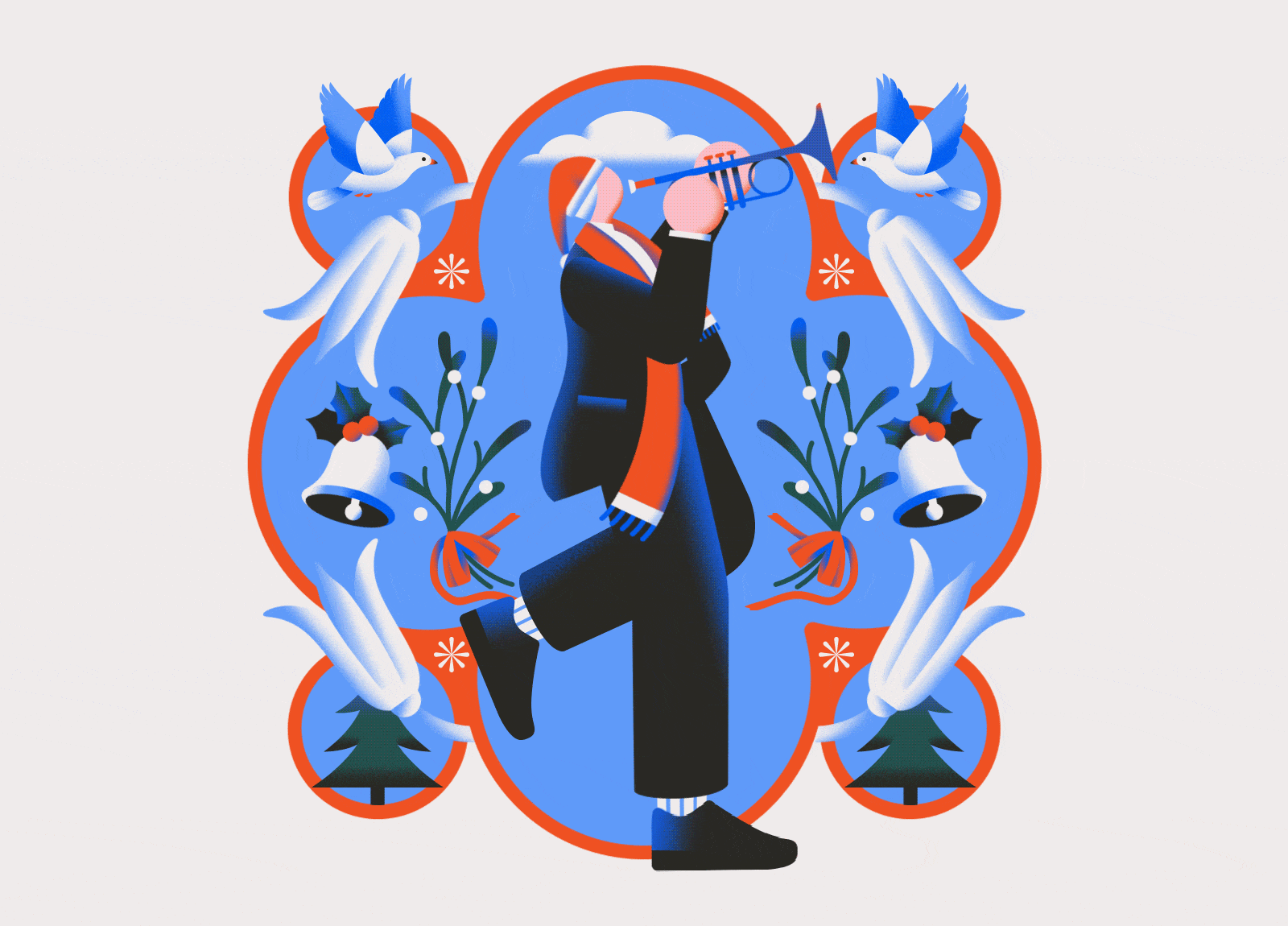 It's beginning to look like Christmas🎄🎺 after effects animation bell bird celebration christmas flat gradient holiday illustration looping music musician pastel snow texture trumpet vector winter xmas