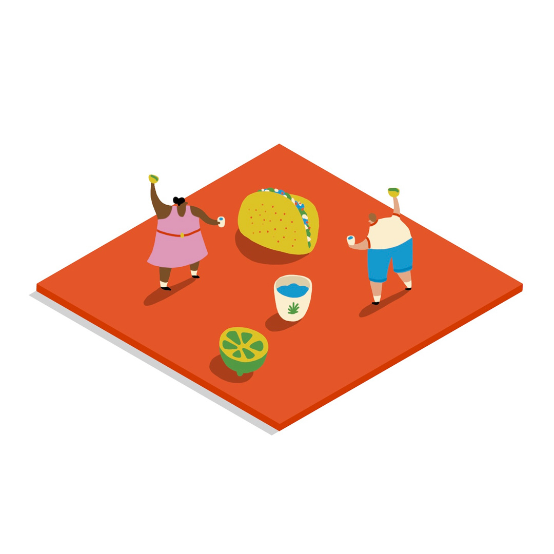 Tacos with your buds colour deliveroo editorial fast food food illustration friends fun illustration isometric just eat la times los angeles mexican food pandemic people sharing food tacobell tacos tequila tortillas