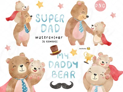 Super Dad watercolour animal watercolour bear clipart cartoon animal character design dad bear daddy bear father day illustration kid illustration super dad teddy bear watervcolour