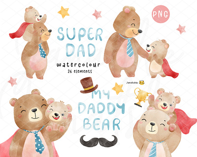 Super Dad watercolour animal watercolour bear clipart cartoon animal character design dad bear daddy bear father day illustration kid illustration super dad teddy bear watervcolour