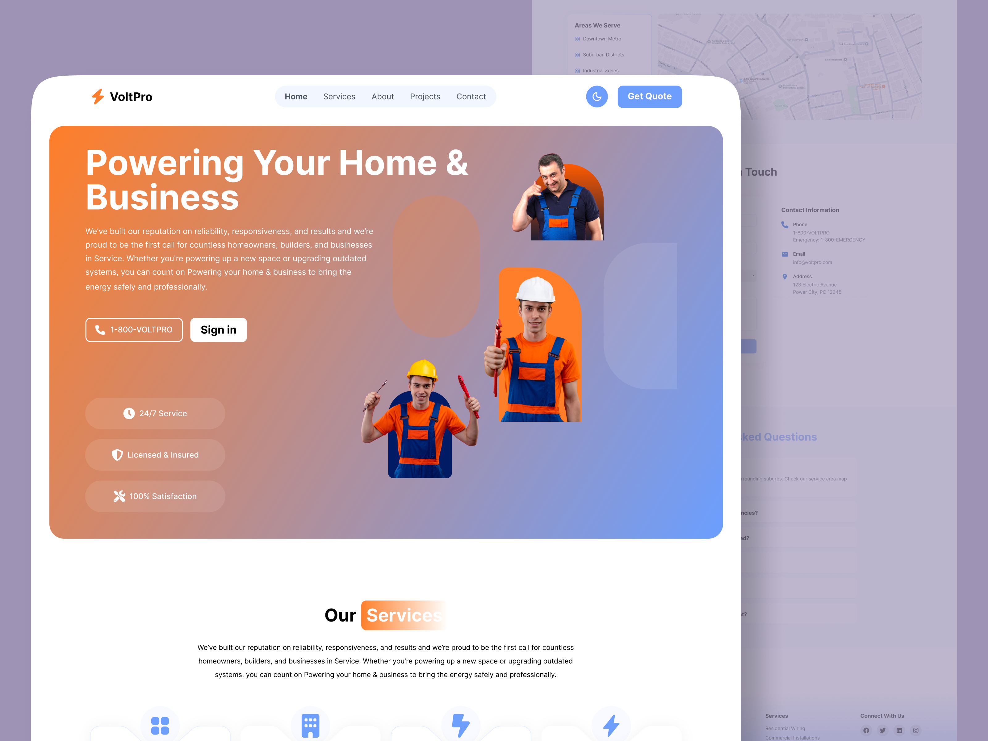 Modern Electrical Services Landing Page 2025design aburayhan aburayhanux branding cleanui deisgn electrician figma illustration landingpage logo service services solar top design ui uidesign uiux ux webdesign